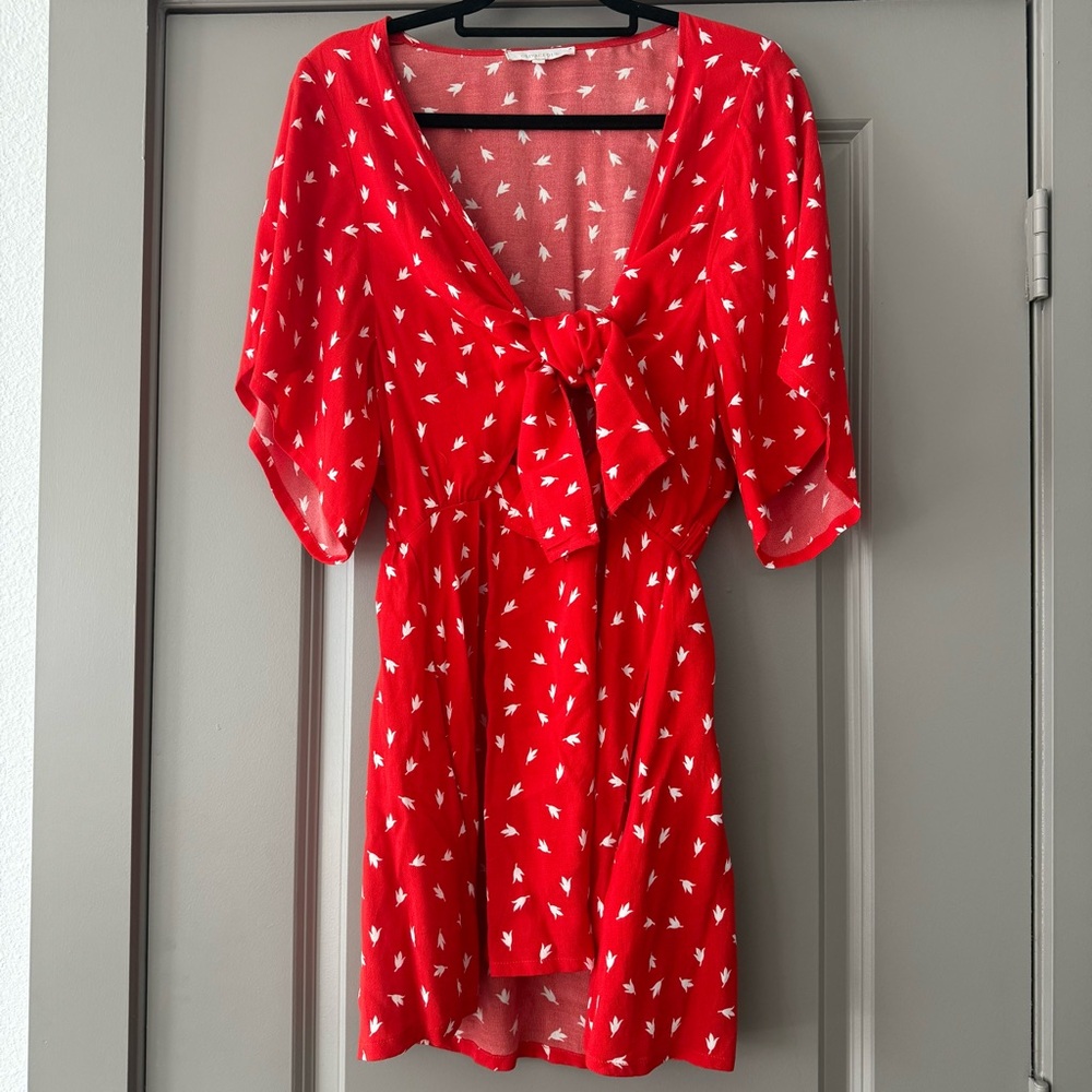 Olivaceous Red and White Tie Front Mini Dress